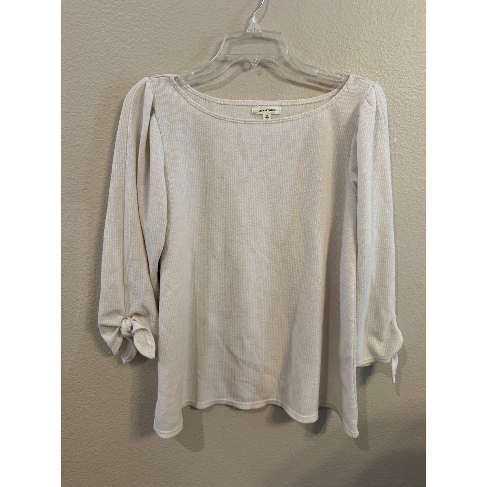MAX STUDIO Womens Beige Long Sleeve Boat Neck Sweater Top Size S Bow Detail